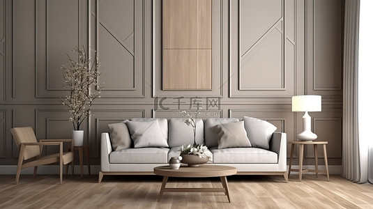 墙板装饰舒适的客厅 3d 渲染图