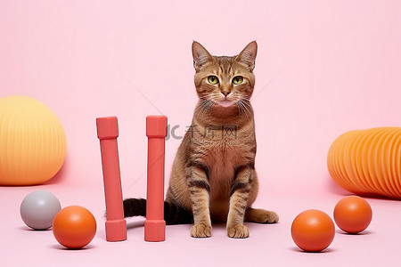 可爱背景图片_一只猫躺在粉色垫子和橡胶玩具上
