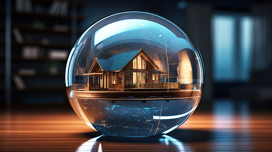 安全背景图片_3d 渲染房屋固定在玻璃球内