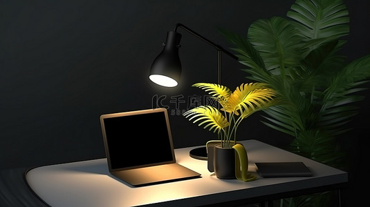 绿色电脑桌面背景图片_带有笔记本电脑植物台灯便利贴和黑色表面的桌子的顶视图 3D 渲染
