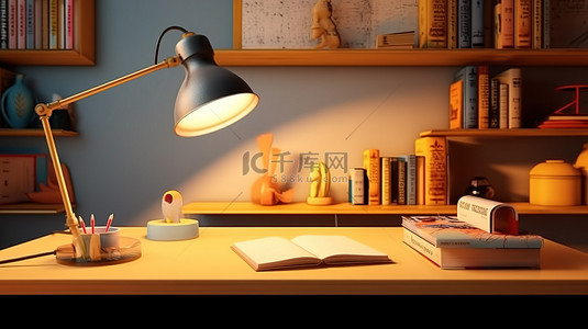 书样机背景图片_家庭办公桌的 3D 渲染，配有灯书，非常适合学习或自由工作