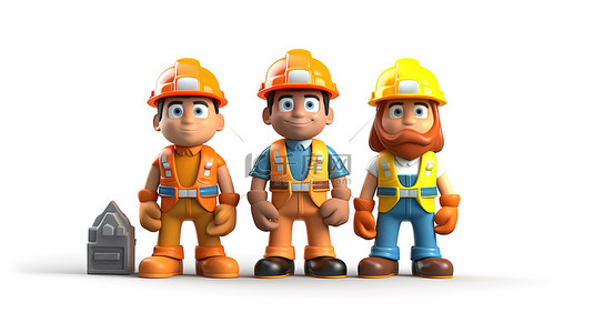 生意人背景图片_卡通风格 3D 插图，展示了身穿安全帽和安全背心的安全意识建筑商作为工业团队一起工作
