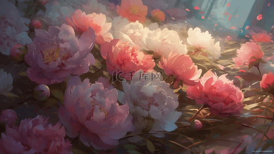 夏季水彩背景图片_鲜花芍药花粉色白色花瓣植物花卉背景