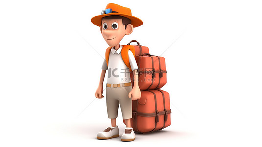 开心快乐插画背景图片_带着 3d 渲染行李的旅行者
