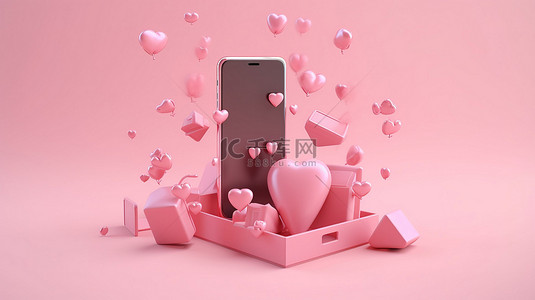 柔和的粉红色语音气泡框，在 3D 渲染的智能手机上带有爱情图标