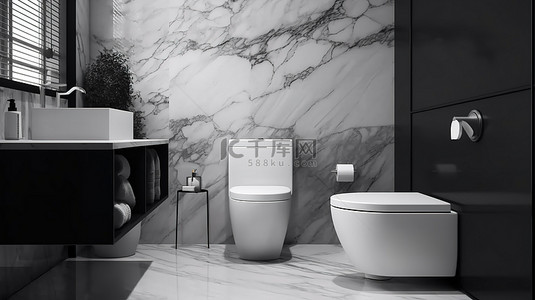 游艇配件背景图片_现代浴室配有大理石印花瓷砖墙壁白色厕所和黑色配件 3D 渲染