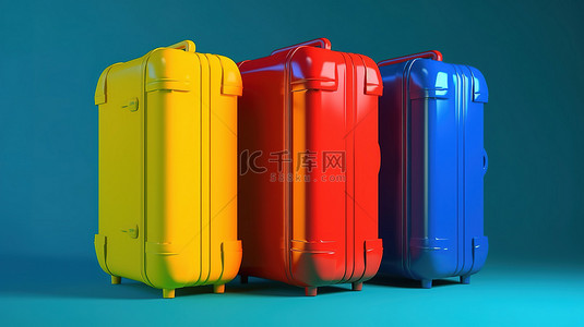 家庭或商务旅行概念 3D 渲染的蓝黄色和红色手提箱