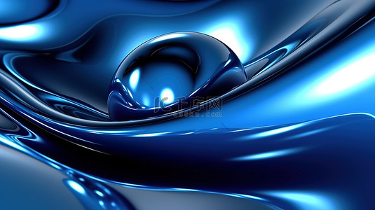 蓝色抽象背景上水晶球的 3D 渲染，带有丝带波和褶皱