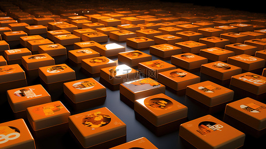 橙色背景装饰有大量 3d 渲染的 snapchat 方形徽章