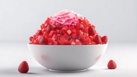 卡通水果草莓背景图片_卡通风格 3D 渲染刨冰与白色背景上的草莓打顶
