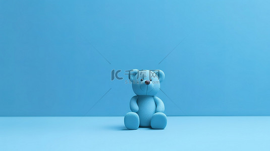简约的蓝色玩具熊坐在蓝色背景 3D 渲染的商业概念