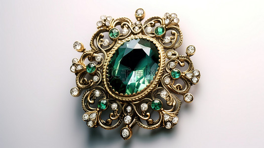 珠宝背景图片_复古巴洛克胸针，配有绿色钻石宝石，白色背景上优雅的 3D 渲染