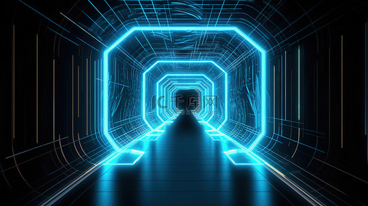 无级门户抽象虚拟现实背景与霓虹灯发光线和明亮的蓝色光谱照亮的隧道
