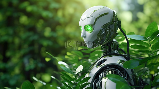 与机器人背景图片_未来派机器人或人工智能机器人与绿色植物描绘生态技术概念