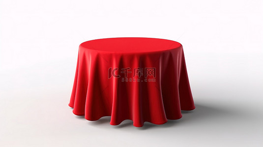 白色背景上带有红色桌布的独立圆桌的 3D 渲染