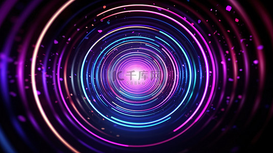 星星圆圈背景图片_发光霓虹灯隧道的 3D 渲染，具有未来派抽象圆圈和太空中的星星