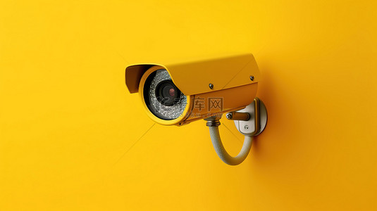 现代监控摄像头安装在黄色墙壁上，背景微妙，强调安全和保护 3D 渲染