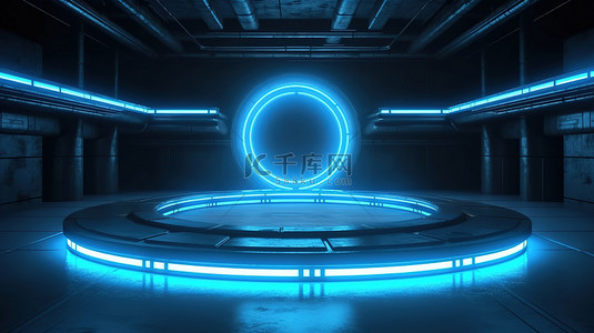 场景科幻背景图片_反光混凝土房间的 3D 渲染，带有发光的蓝色霓虹灯圆圈，是科幻场景的未来舞台