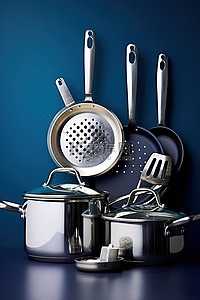许多不同尺寸的厨房用品，包括锅锅水壶和抹刀