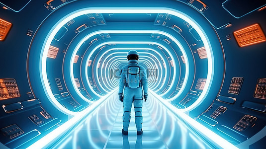 旅行背景图片_未来派太空飞船内部与宇航员的 3D 可视化