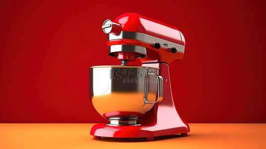糕点食品背景图片_3D 渲染的大胆红色背景上的古董黑色厨房搅拌机
