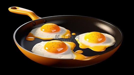 三个单面朝上的鸡蛋在低聚 3d 平底锅中嘶嘶作响
