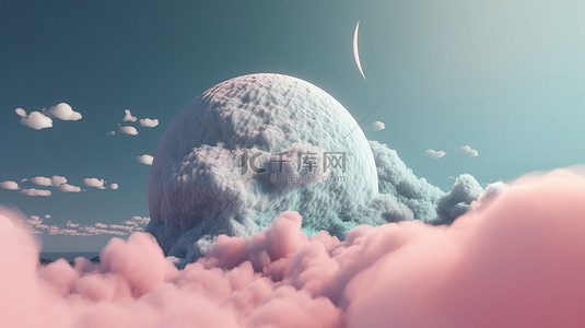 晚安夜晚背景图片_3d 渲染中柔和的月亮和蓬松的云彩