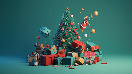 新年期间圣诞树礼品盒和玩具的 3D 渲染喜庆爆炸