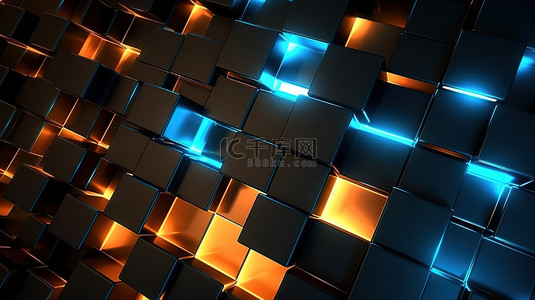 黑蓝色和橙色发光方块背景的 3d 渲染