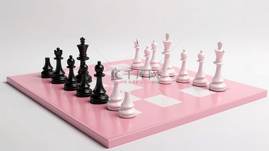 极简主义的粉色和白色国际象棋在 3D 渲染中设置在孤立的白色背景上