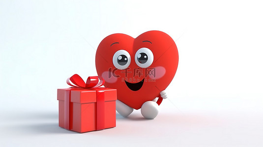 白色背景的 3D 渲染，带有红色丝带礼品盒和心形吉祥物
