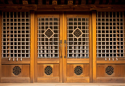 韩国传统风格的木结构建筑，有一扇大木门
