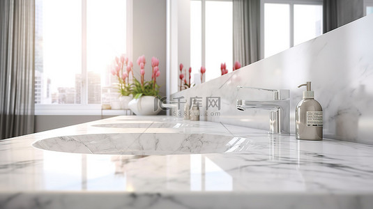 白色大理石浴室台面的优雅 3D 渲染，在模糊的背景下有一个开放区域