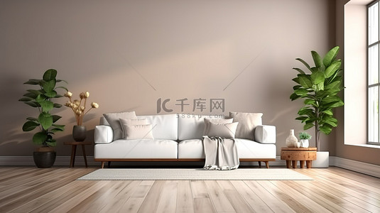 名片设计模板名片背景图片_迷人的白色沙发和木地板营造出舒适的客厅 3D 渲染室内设计