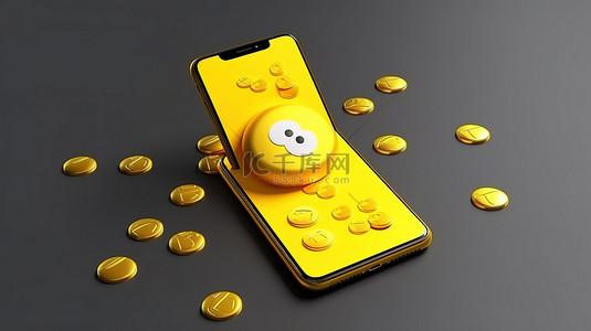 智能手机模型的 3D 渲染，带有闪亮的金币和表情符号图标