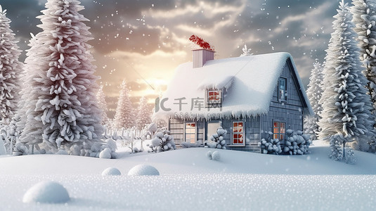 冬天海报背景图片_3D 渲染的圣诞节场景，包括房屋和树木