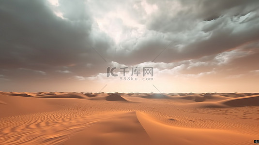 插图 3D 图像的沙漠与黄色的沙子和朦胧的灰色天空，以尘土飞扬的云彩