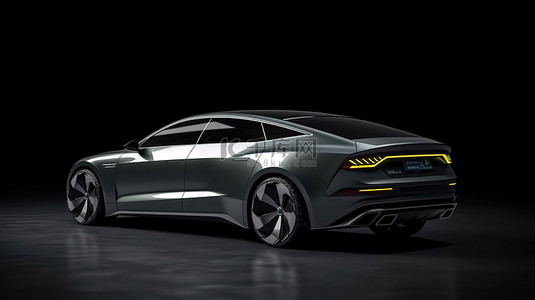 灰色高级运动轿跑车概念车，采用插电式混合动力技术，在黑色背景上以 3D 渲染