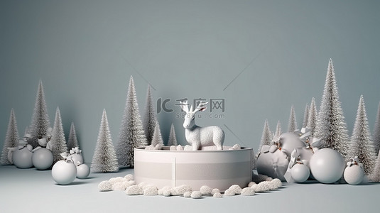 欢乐的节日驯鹿和兔子在产品讲台上庆祝圣诞节 3D 渲染