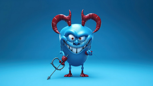 蓝色背景 3D 渲染上带有恶魔心干草叉角和尾巴的地狱浪漫卡通马科特人物