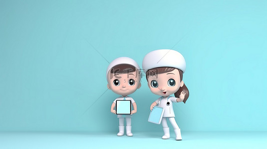 可爱的卡通医生和护士显示平板电脑屏幕用于编写 3D 渲染