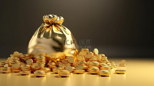 可视化财务规划 3D 渲染金币钱袋钞票和 3D 背景上的未来投资