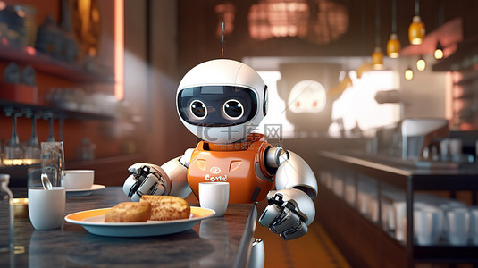 食品餐厅背景图片_自动化餐厅中服务员机器人提供咖啡的 3D 渲染