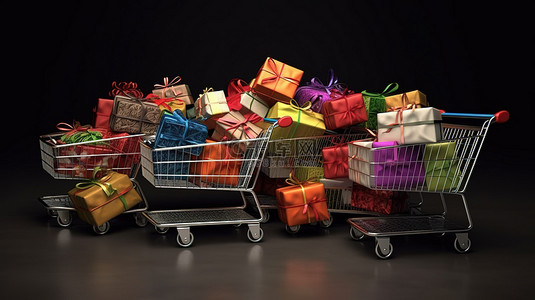 购物车装满礼品袋和服装的 3D 渲染