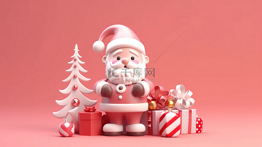 节日 3D 渲染可爱的圣诞老人抓着一个礼品盒，背景是糖果手杖驯鹿和装饰圣诞树