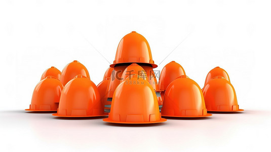 带有橙色建筑锥和头盔的白色背景的 3D 渲染