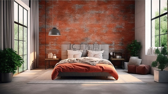 时尚的阁楼卧室配有 3D 白色床，与抛光混凝土地板和红砖墙形成鲜明对比