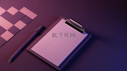 紫色背景 3d 呈现最小检查列表或带有空复选框的笔记本
