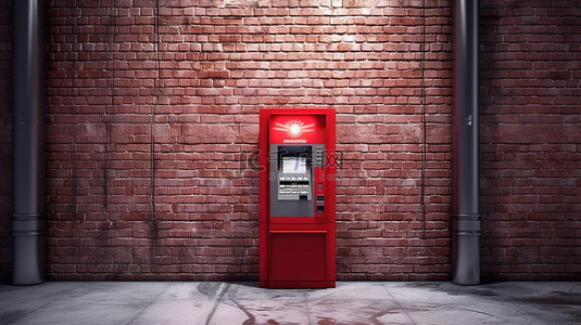 卡片红背景图片_红砖墙前现金 ATM 机的 3D 渲染
