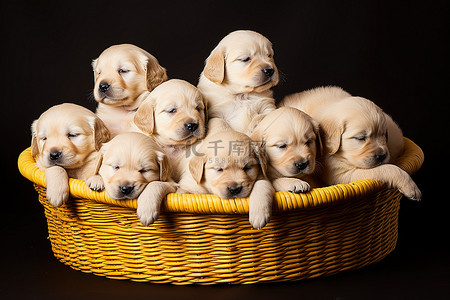 彩绘金毛背景图片_小狗和黄色篮子里的小狗